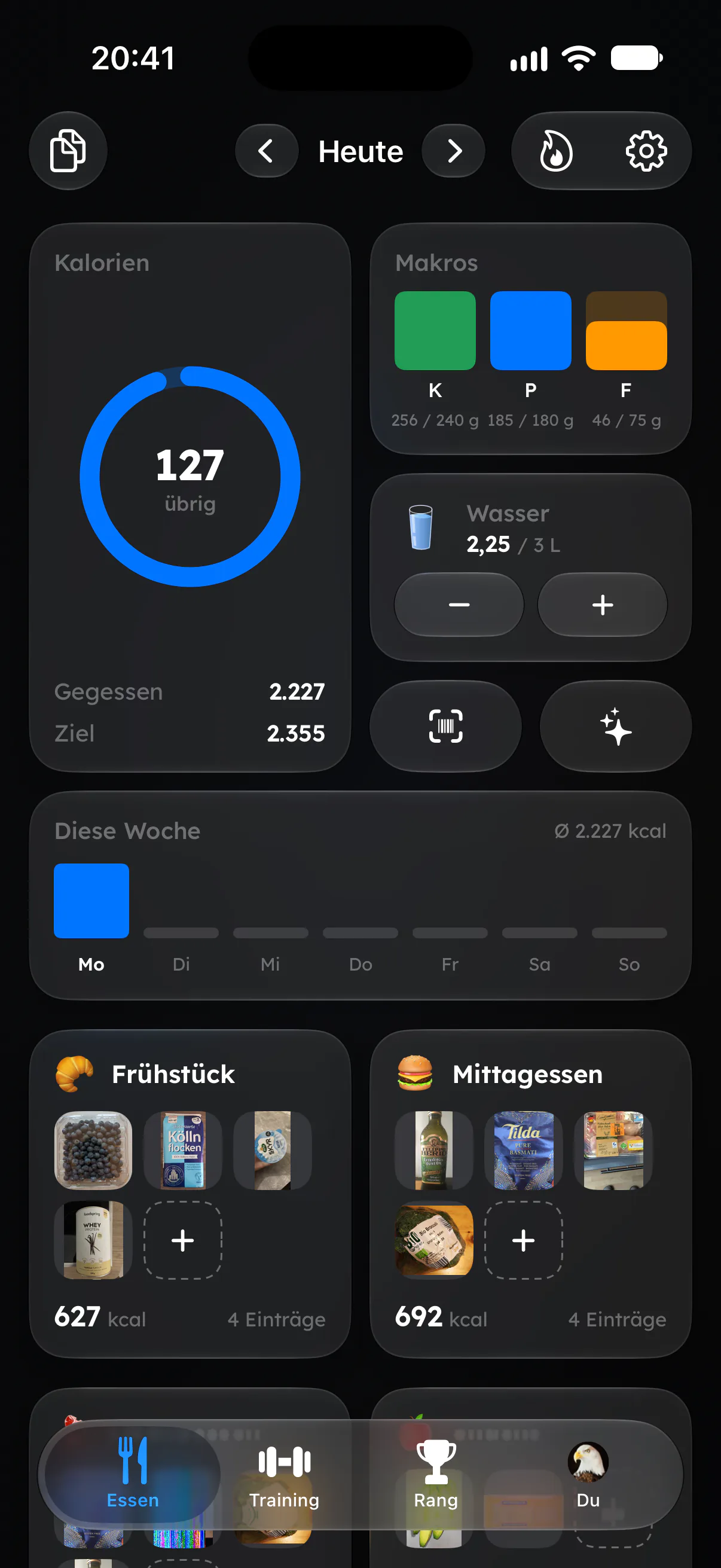 Fitaino Ernährungstagebuch mit Kalorienring und Makros