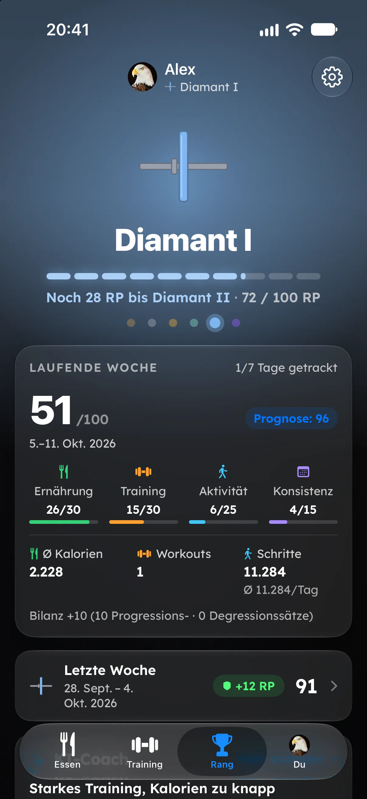 Fitaino Rang-Tab mit Langzeit-Rang und Wochen-Score