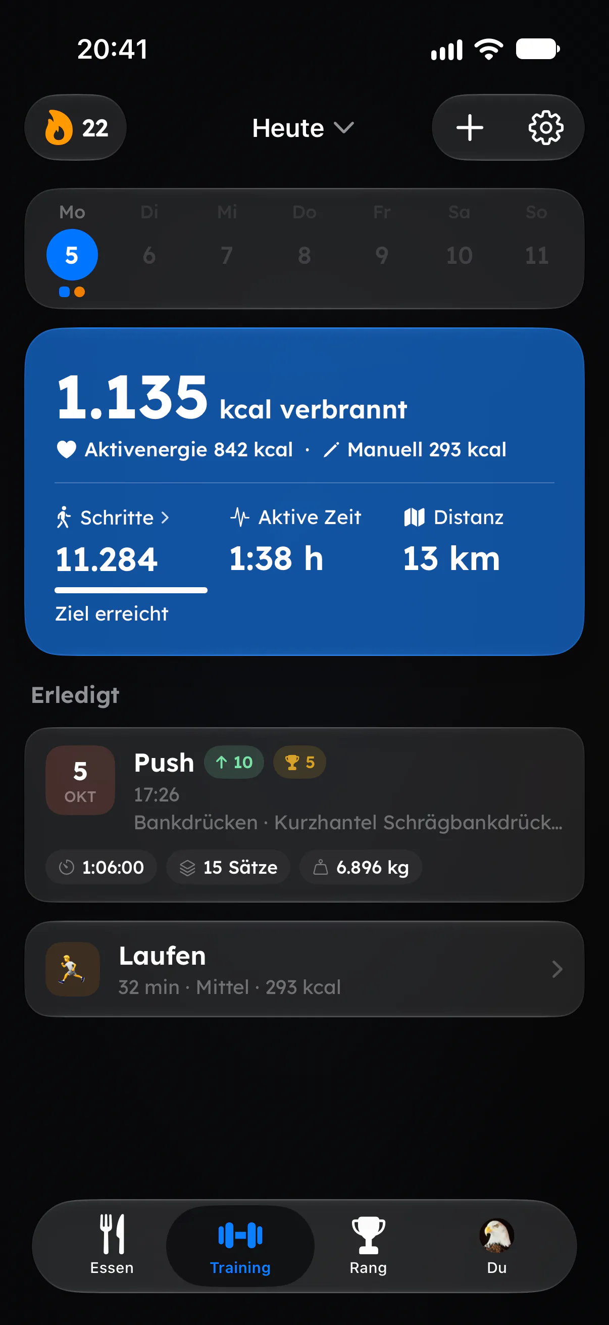 Training-Tagebuch mit Krafttraining und Cardio in Fitaino
